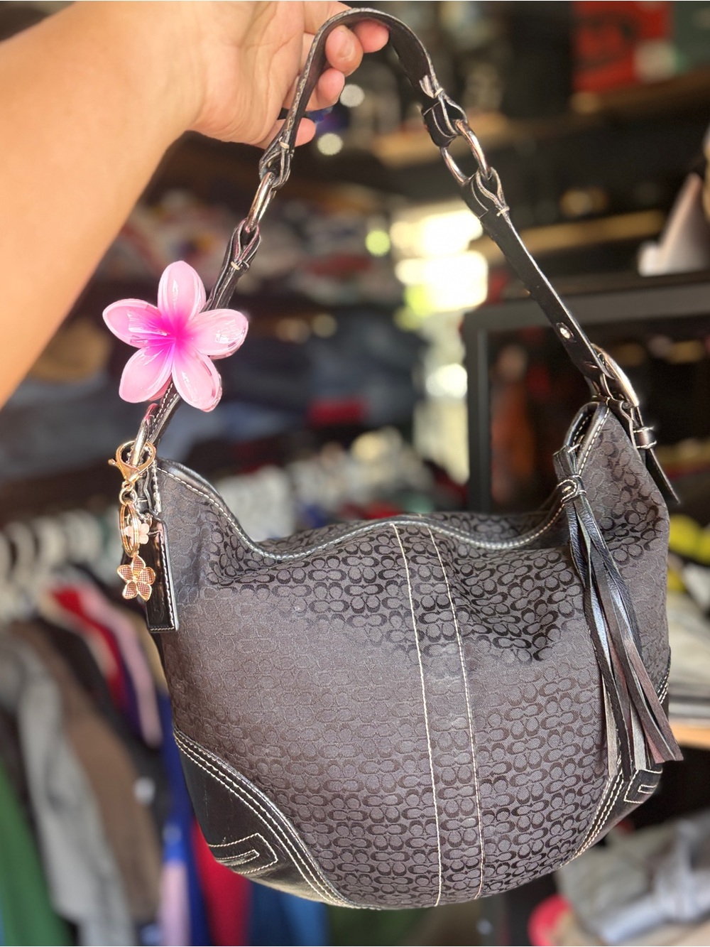 Coach Black Signature Hobo Shoulder Bag with Tassel